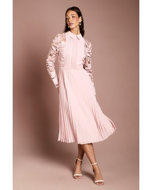 Long Sleeve Lace and Pleated Midi Shirt Dress