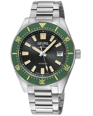 Gevril Men's Mariner Row Automatic, SS Case, Green Ceramic  Bezel, Black Dial, 316L Stainless Steel Satin Bracelet Watch