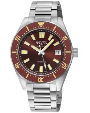 Gevril Men's Mariner Row Automatic, SS Case, Brown Bezel, Black Dial, 316L Stainless Steel Satin Bracelet Watch