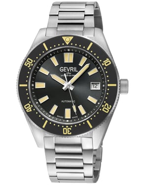 Gevril Men's Mariner Row Automatic, SS Case,  Black Ceramic Bezel, Black Dial, 316L Stainless Steel Satin Bracelet Watch