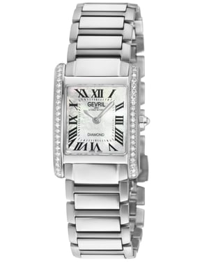 Gevril Women's Regina Swiss Diamond Watch, White MOP Dial, 316L SS 2 sides Diamond Case, 316L Stainless Steel Bracelet.