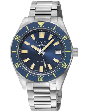 Gevril Men's Mariner Row Automatic, SS Case, Blue Bezel, Blue Dial, 316L Stainless Steel Satin Bracelet Watch