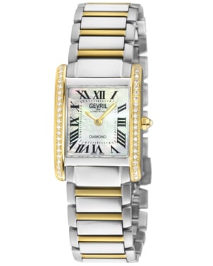 Gevril Women's Regina Swiss Diamond Watch, White MOP Dial, 316L SS 2 sides Diamond Case, 316L Stainless Steel Two toned  IPYG Bracelet.