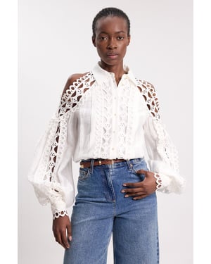 Tape Detail Cold Shoulder Woven Blouse