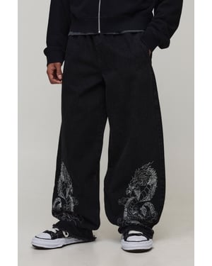 Dragon Embroidered Elasticated Waist Super Baggy Fit Jeans