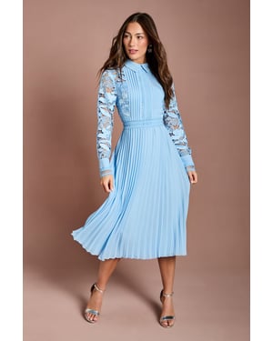 Long Sleeve Lace and Pleated Midi Shirt Dress