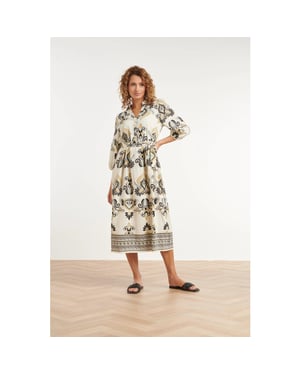 Smashed Lemon Crème midi jurk met ornament print en tailleceintuur |