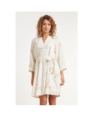 Smashed Lemon Crème jurk met goudkleurige palmprint en ceintuur |