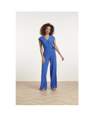 Smashed Lemon Blauwe jumpsuit met overslag v-hals en tailleceintuur |