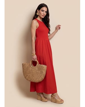 Red Ribbed Cotton Poplin Dress