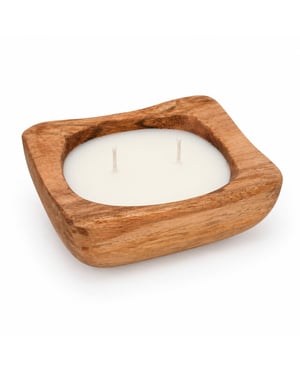 WDMT Geurkaars in houten kom vierkant – 2 lonten – compacte sfeerkaars 12,5 x 12,5 cm