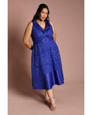 Plus Lace Sleeveless Satin Contrast Midi Skirt Dress