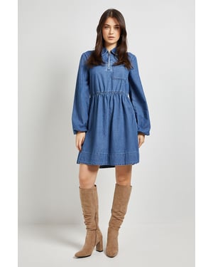Zip Front Pocket Detail Long Sleeve Denim Mini Dress