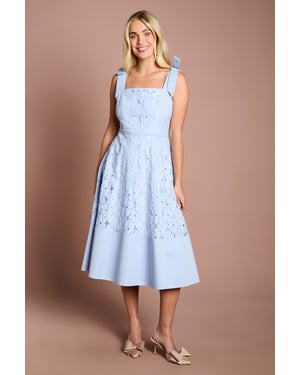 Petite Bow Shoulder Floral Lace Midi Dress