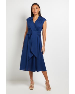 Linen Blend Belted Midi Dress