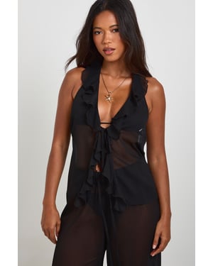Ruffle Detail Halter Neck Tie Front Beach Top