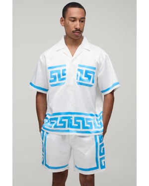 Oversized Short Sleeve Abstract Boarder Print Satin Shirt & Short Set