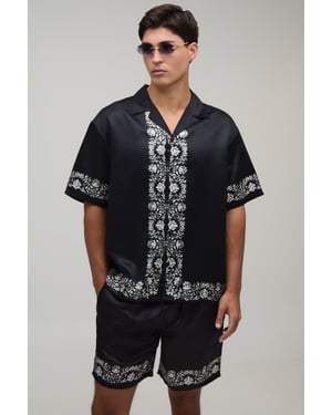 Oversized Short Sleeve Floral Boarder Print Satin Shirt & Short Set