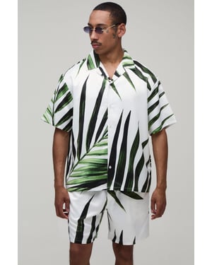 Oversized Short Sleeve Palm Print Satin Shirt & Short Set