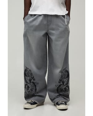 Dragon Embroidered Elasticated Waist Super Baggy Fit Jeans