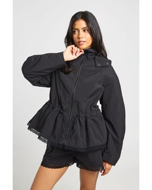Funnel Neck Lace Trim Hem Jacket