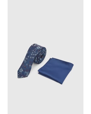 Navy Multi Floral Tie and Plain Pocket Square