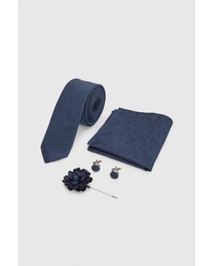Navy Plain Tie, Pocket Square with Lapel Pin and Cufflink Box Set
