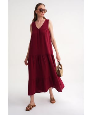 Mouwloze V-hals Muslin Midi Jurk met Zakken