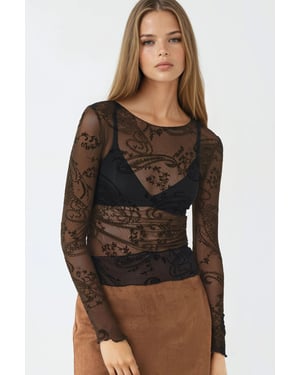 Aangesloten Lange Mouwen Flockprint Tulle Blouse