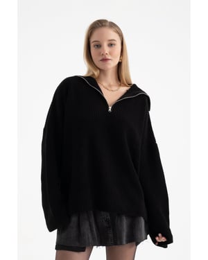 V Neck Zippered Neck Sweater