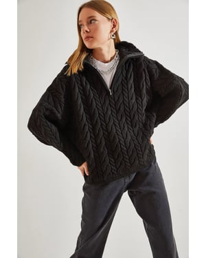 Oversized Hår Skägg Tröja med Dragkedja Krage