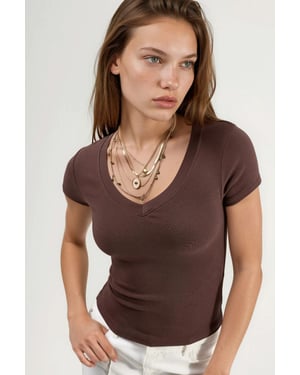 Elastische V-hals Korte Mouw T-Shirt
