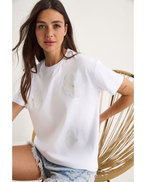 Bloemenprint T-shirt met ronde hals en accessoire-detail