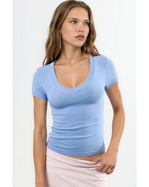 Elastische V-hals Korte Mouwen T-shirt