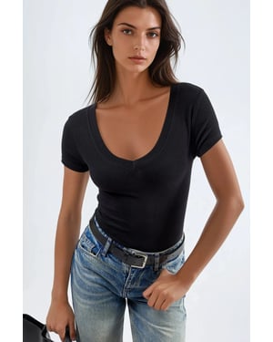 Elastische V-hals Korte Mouwen T-shirt