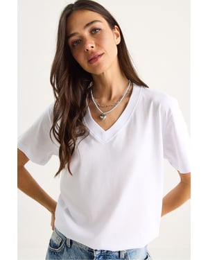Comfort Fit V-hals Gekamd Katoenen T-Shirt
