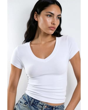 Elastische V-hals Korte Mouwen T-shirt