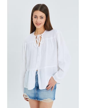 Lange Mouwen Losse Blouse met Strikhals