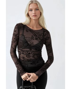 Fitted Lange Mouwen Flock Print Tulle Blouse
