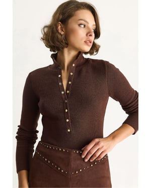 Getailleerde Langemouwen Gebreide Blouse met Drukknoopsluiting