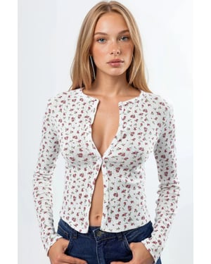 Floral Ribbed Crop Blouse with Button Closure
