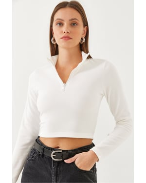 Geribbelde Lange Mouw Croptop met Ritskraag