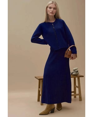 Textured Knit Co-Ord Set with Crew Neck Cardigan and Flared Skirt