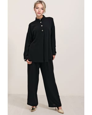 Gestructureerde Lange Mouwen Overhemd en Brede Pantalon Set