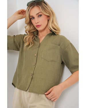 Linnen Gemengde Korte Mouwen Knopen Crop Shirt