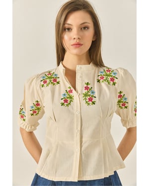 Geborduurde Katoenen Poplin Shirt met Elastische Sluiting