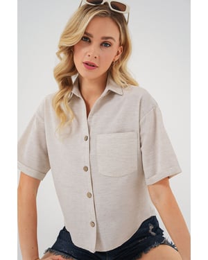 Linnen Gemengd Korte Mouwen Knopfhemd Crop Top