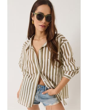 Oversized Gestreepte Poplin Shirt met Pocketdetail