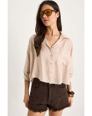 Gestreept Crop Shirt met Textuur, Knoopsluiting en Pocket