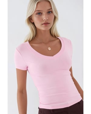 Elastische V-hals Korte Mouw T-Shirt
